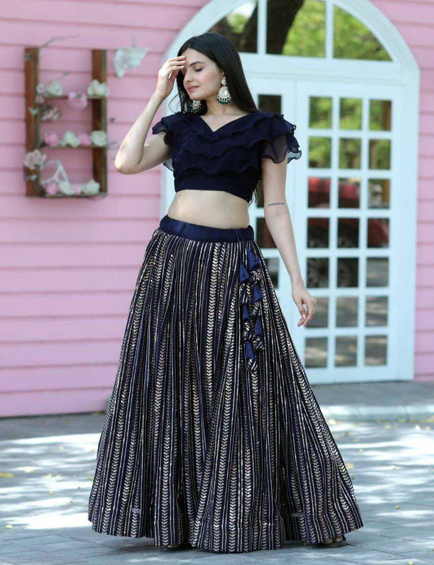 Navy Blue Faux Georgette Sequins Worked Fully Stitched Lehenga Choli - Ethnicwish