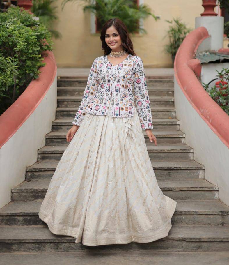 Sublime Viscous Jacquard Thread Sequins Worked Top Lehenga Set - Ethnicwish