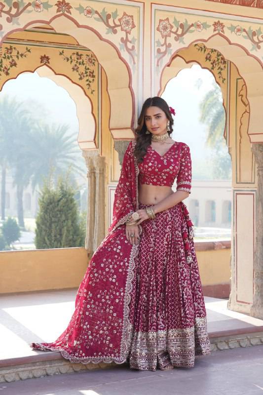 Compelling Viscous Jacquard Sequins Embroidered Lehenga Set - Ethnicwish
