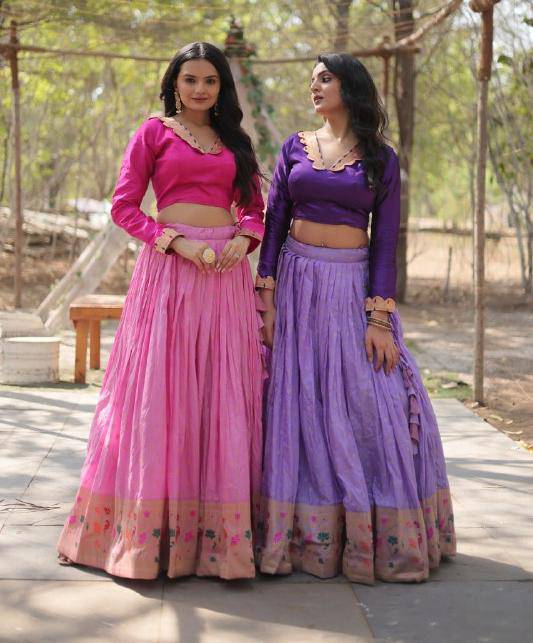 Chic Viscose Jacquard Zari Border Worked Fully Stitched Lehenga Choli - Ethnicwish