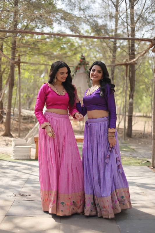 Chic Viscose Jacquard Zari Border Worked Fully Stitched Lehenga Choli - Ethnicwish