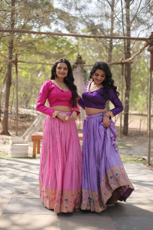 Chic Viscose Jacquard Zari Border Worked Fully Stitched Lehenga Choli - Ethnicwish