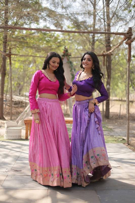 Chic Viscose Jacquard Zari Border Worked Fully Stitched Lehenga Choli - Ethnicwish