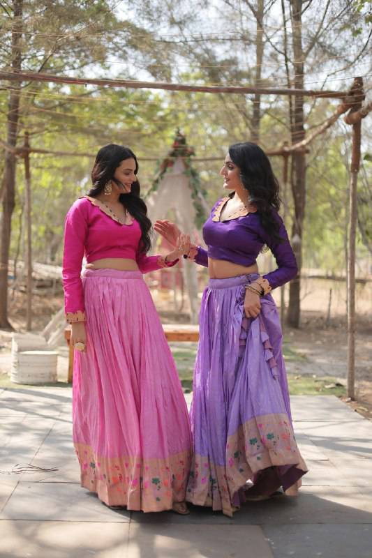 Chic Viscose Jacquard Zari Border Worked Fully Stitched Lehenga Choli - Ethnicwish