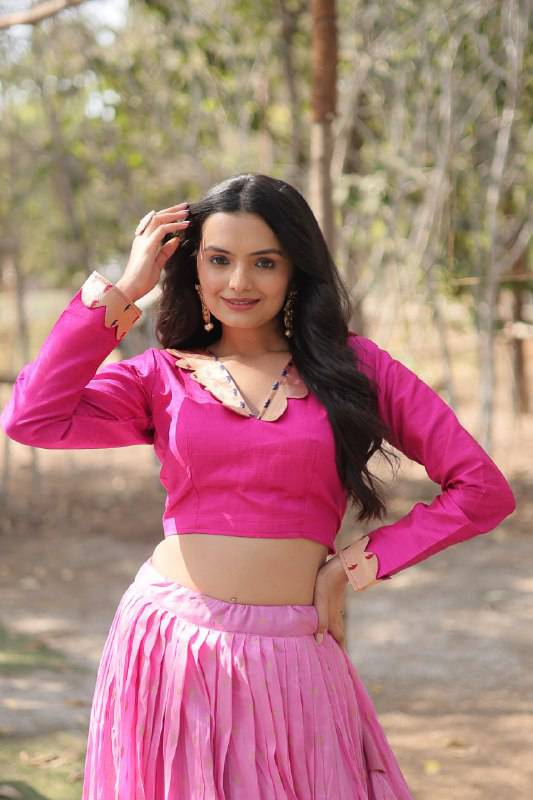 Chic Viscose Jacquard Zari Border Worked Fully Stitched Lehenga Choli - Ethnicwish