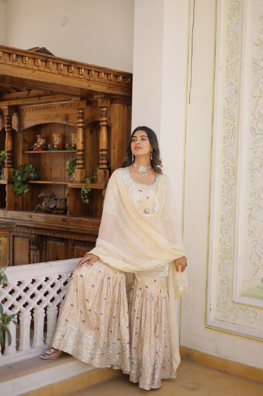 Magnificent Viscous Jacquard Designer Top Sharara Suit - Ethnicwish