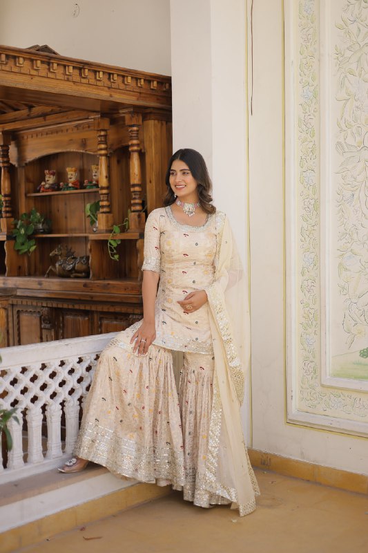Magnificent Viscous Jacquard Designer Top Sharara Suit - Ethnicwish