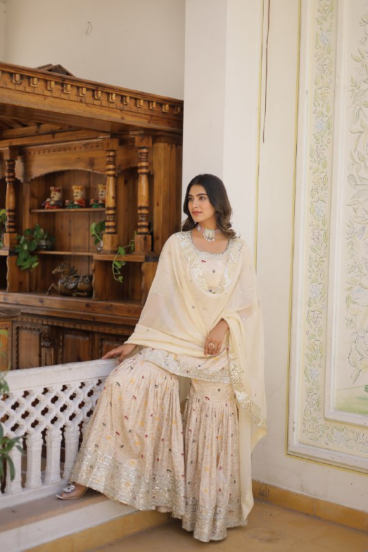 Magnificent Viscous Jacquard Designer Top Sharara Suit - Ethnicwish