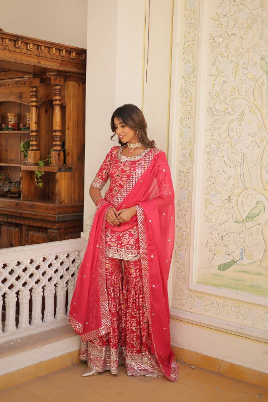 Magnificent Viscous Jacquard Designer Top Sharara Suit - Ethnicwish