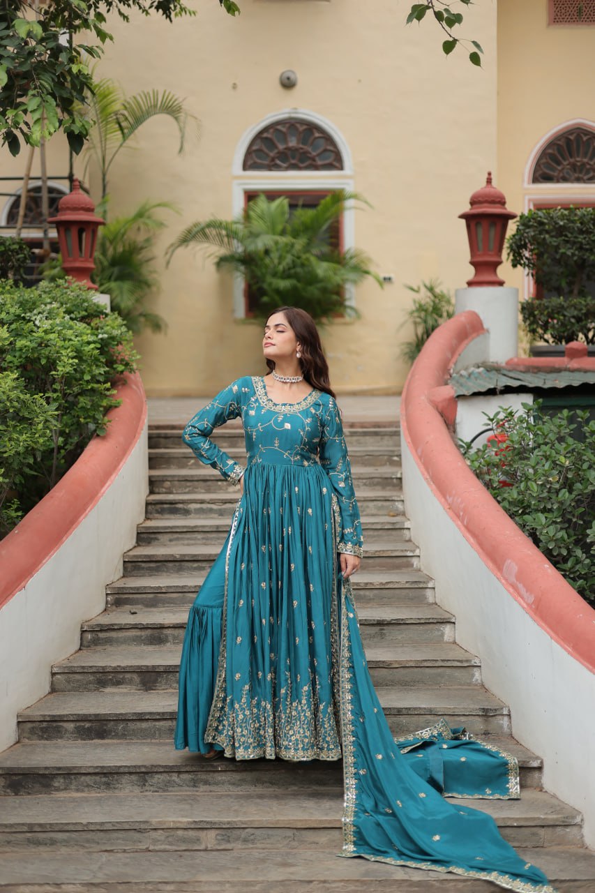 Elegant Chinon Sequins Embroidered Designer Top Sharara Suit - Ethnicwish