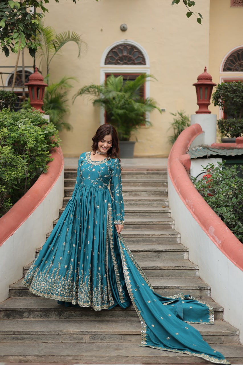 Elegant Chinon Sequins Embroidered Designer Top Sharara Suit - Ethnicwish