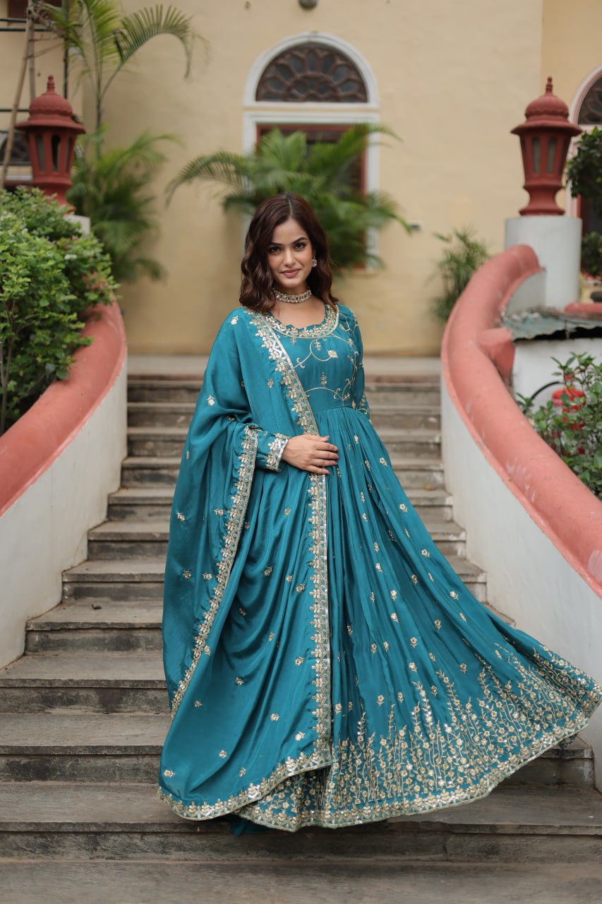 Elegant Chinon Sequins Embroidered Designer Top Sharara Suit - Ethnicwish