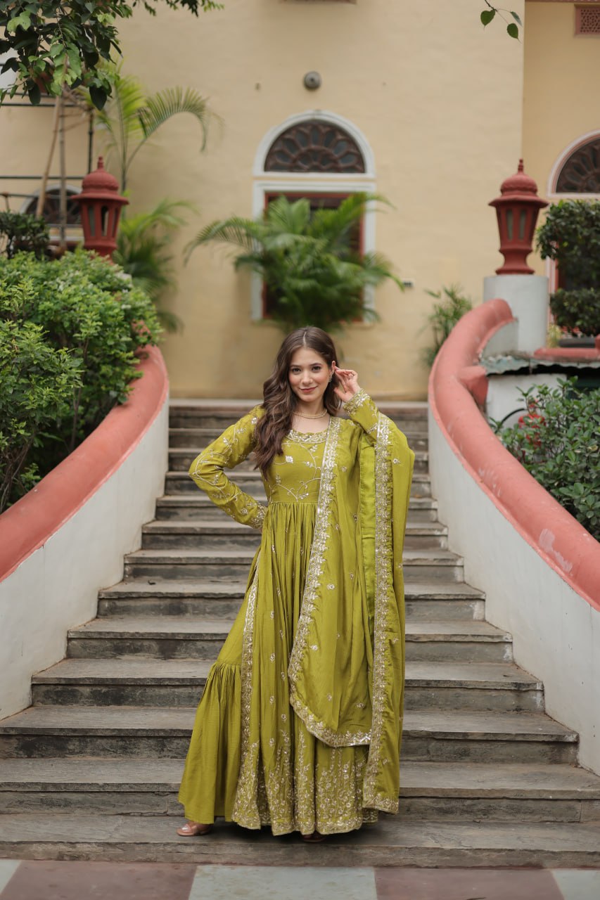 Elegant Chinon Sequins Embroidered Designer Top Sharara Suit - Ethnicwish