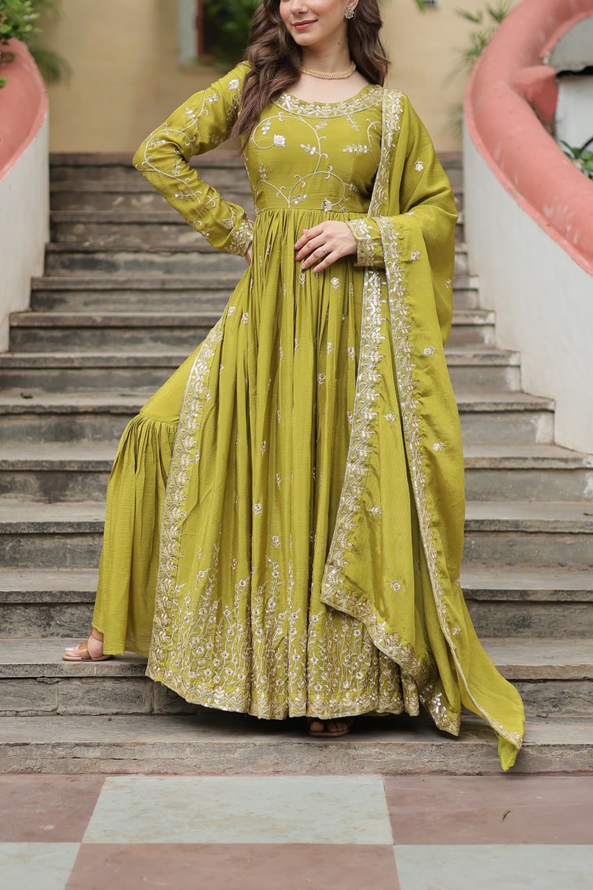 Elegant Chinon Sequins Embroidered Designer Top Sharara Suit - Ethnicwish