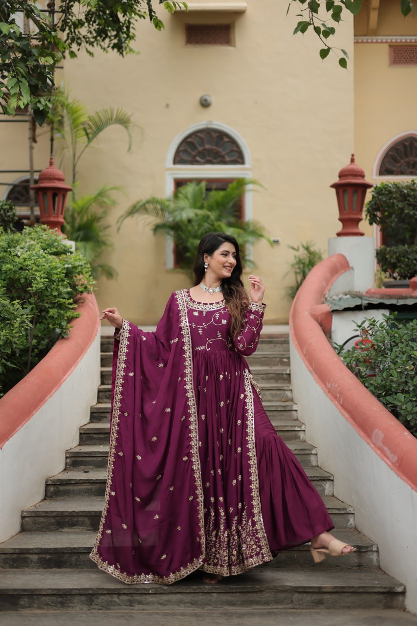 Elegant Chinon Sequins Embroidered Designer Top Sharara Suit - Ethnicwish