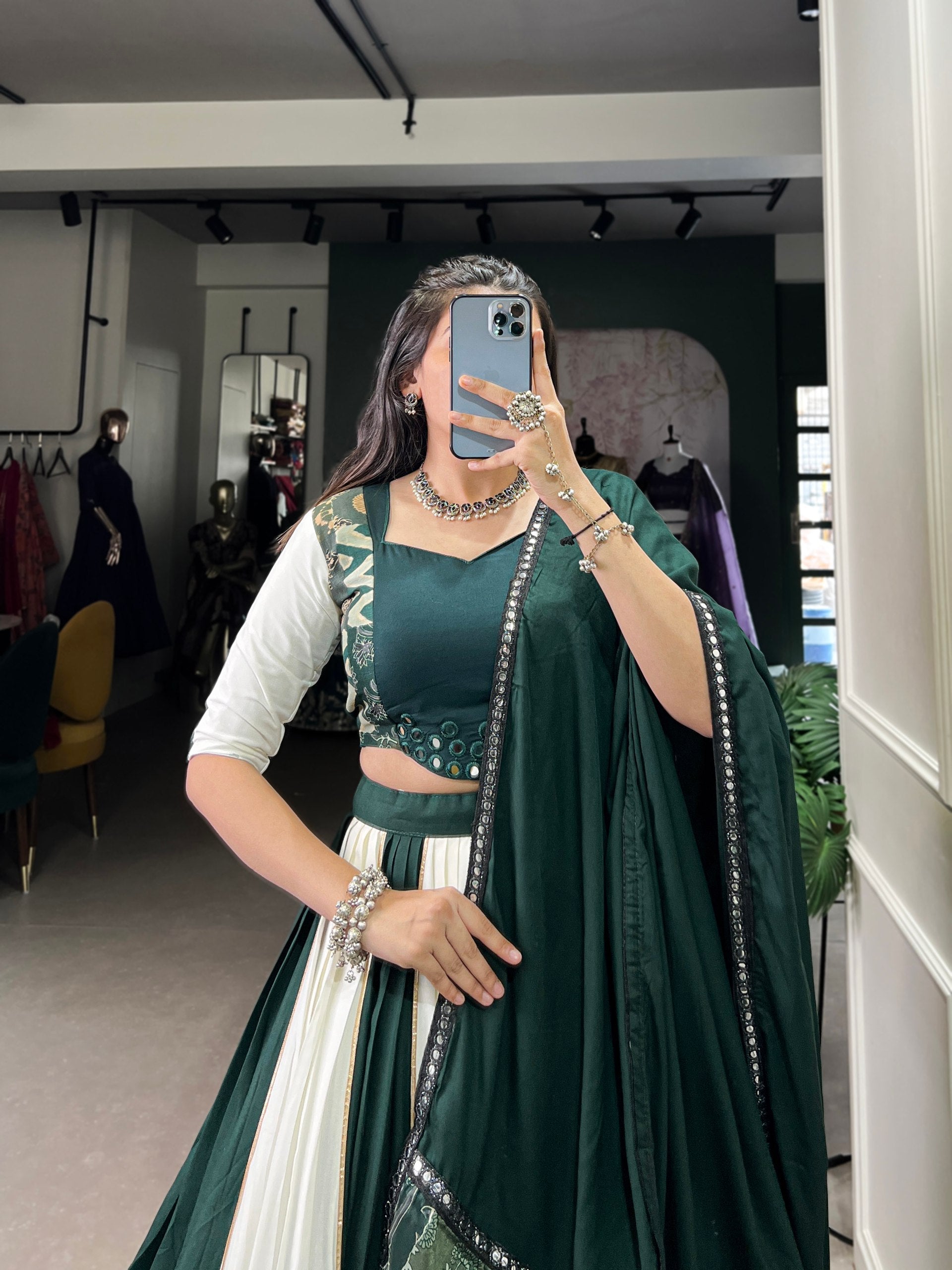 Spellbinding Pure Rayon Printed Foil Mirror Gota Patti Worked Lehenga Choli - ETHNICDEAL