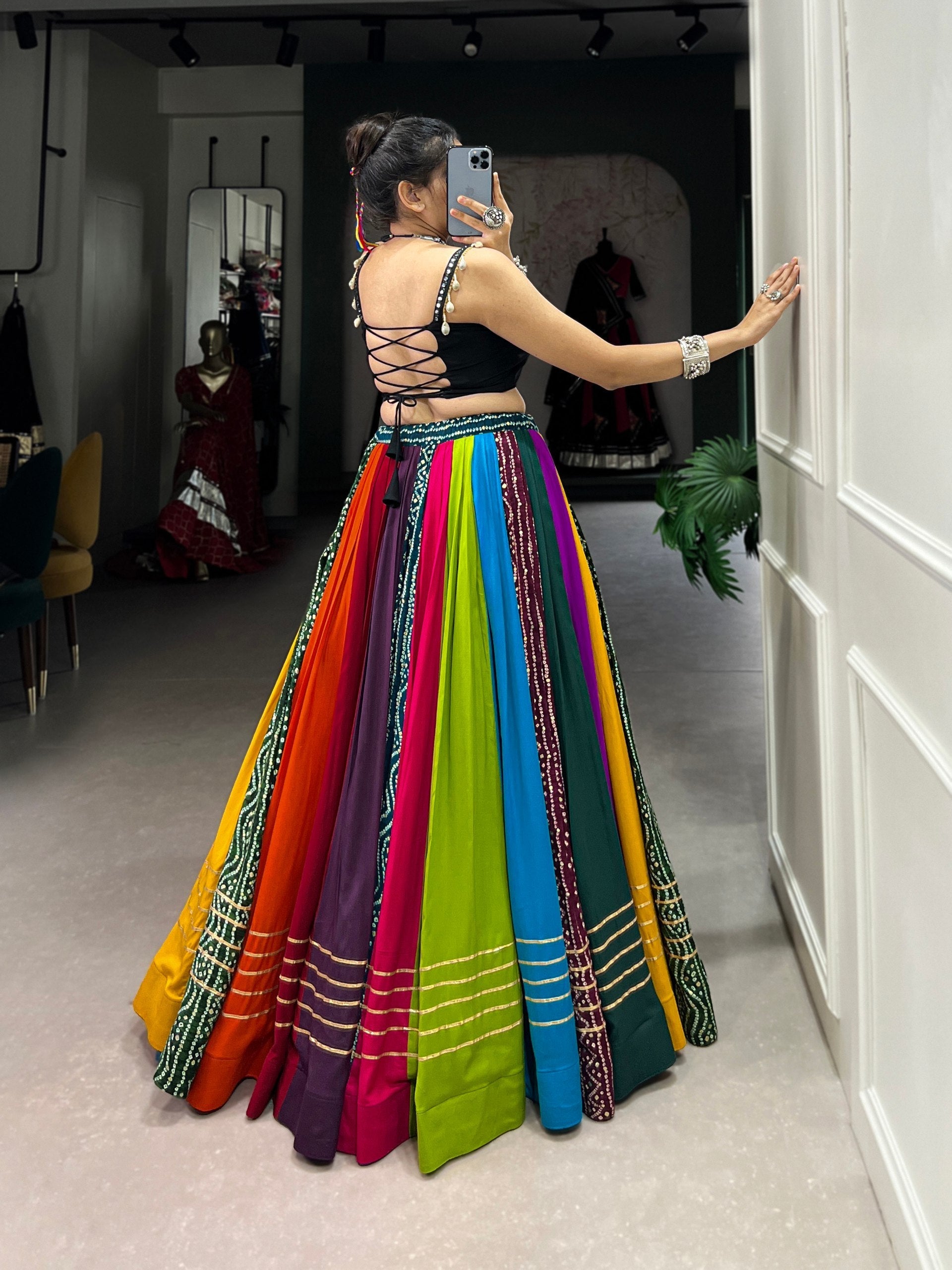 Elegant Multicolored Pure Rayon Printed Navratri Lehenga Choli - ETHNICDEAL