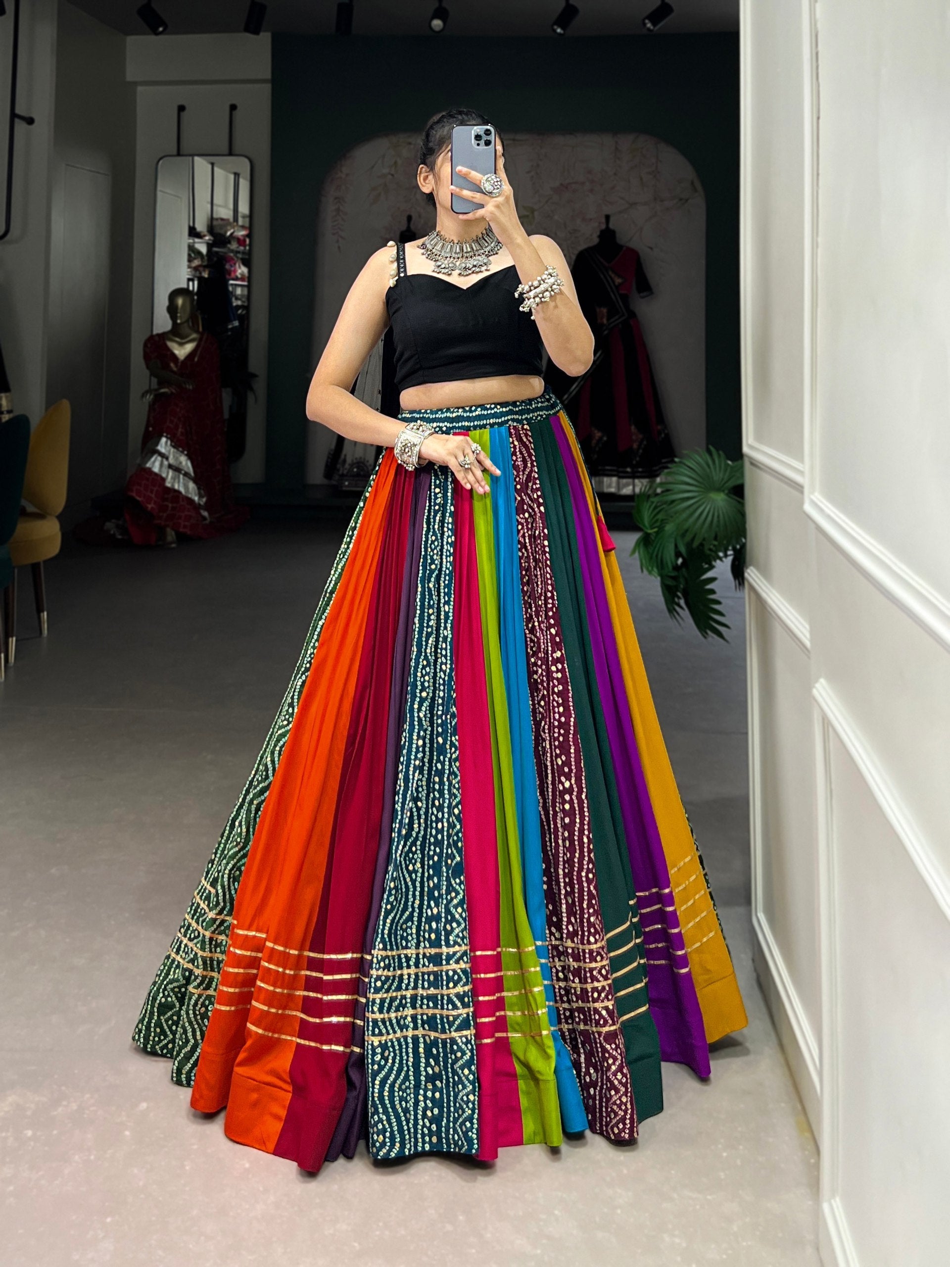 Elegant Multicolored Pure Rayon Printed Navratri Lehenga Choli - ETHNICDEAL