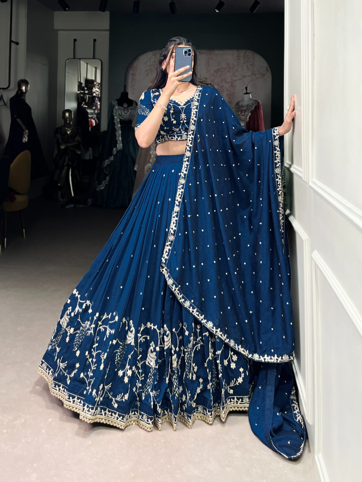 Enchanting Blue Vichitra Silk Sequins Thread Worked Lehenga Choli - ETHNICDEAL