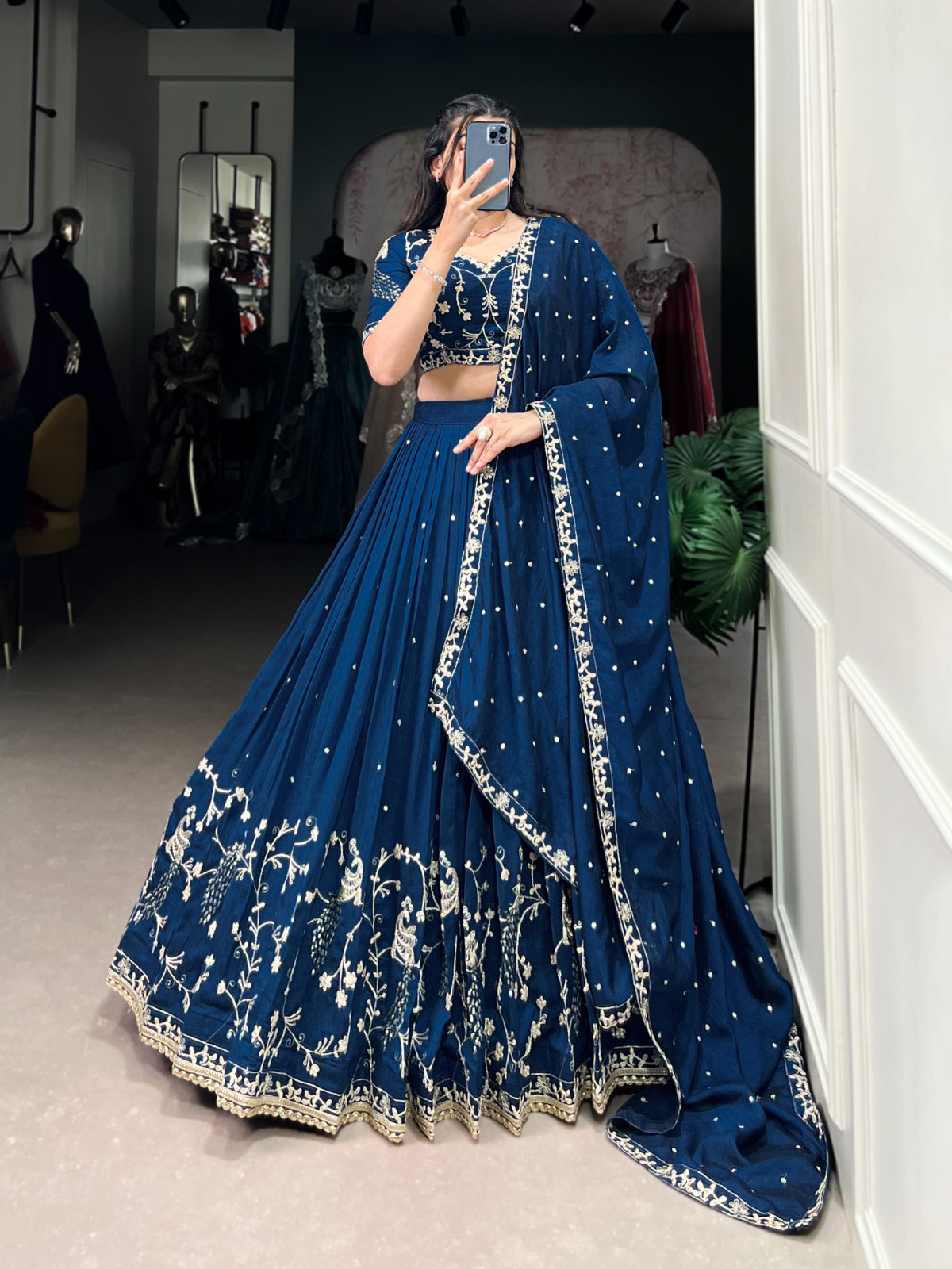 Enchanting Blue Vichitra Silk Sequins Thread Worked Lehenga Choli - ETHNICDEAL