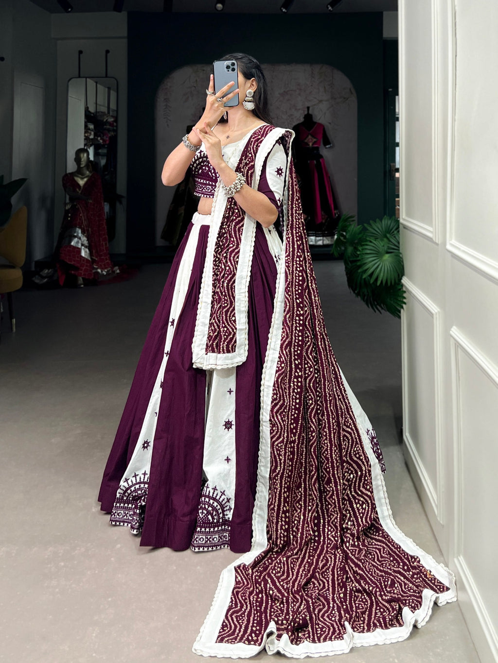 Exquisite Wine Pure Cotton Mirror Gamthi Worked Navratri Lehenga Choli - ETHNICDEAL