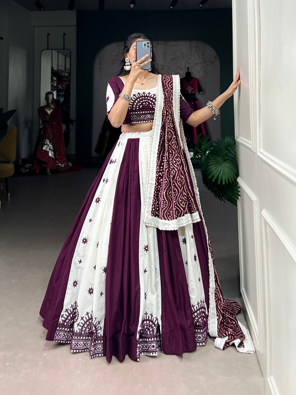Exquisite Wine Pure Cotton Mirror Gamthi Worked Navratri Lehenga Choli - ETHNICDEAL