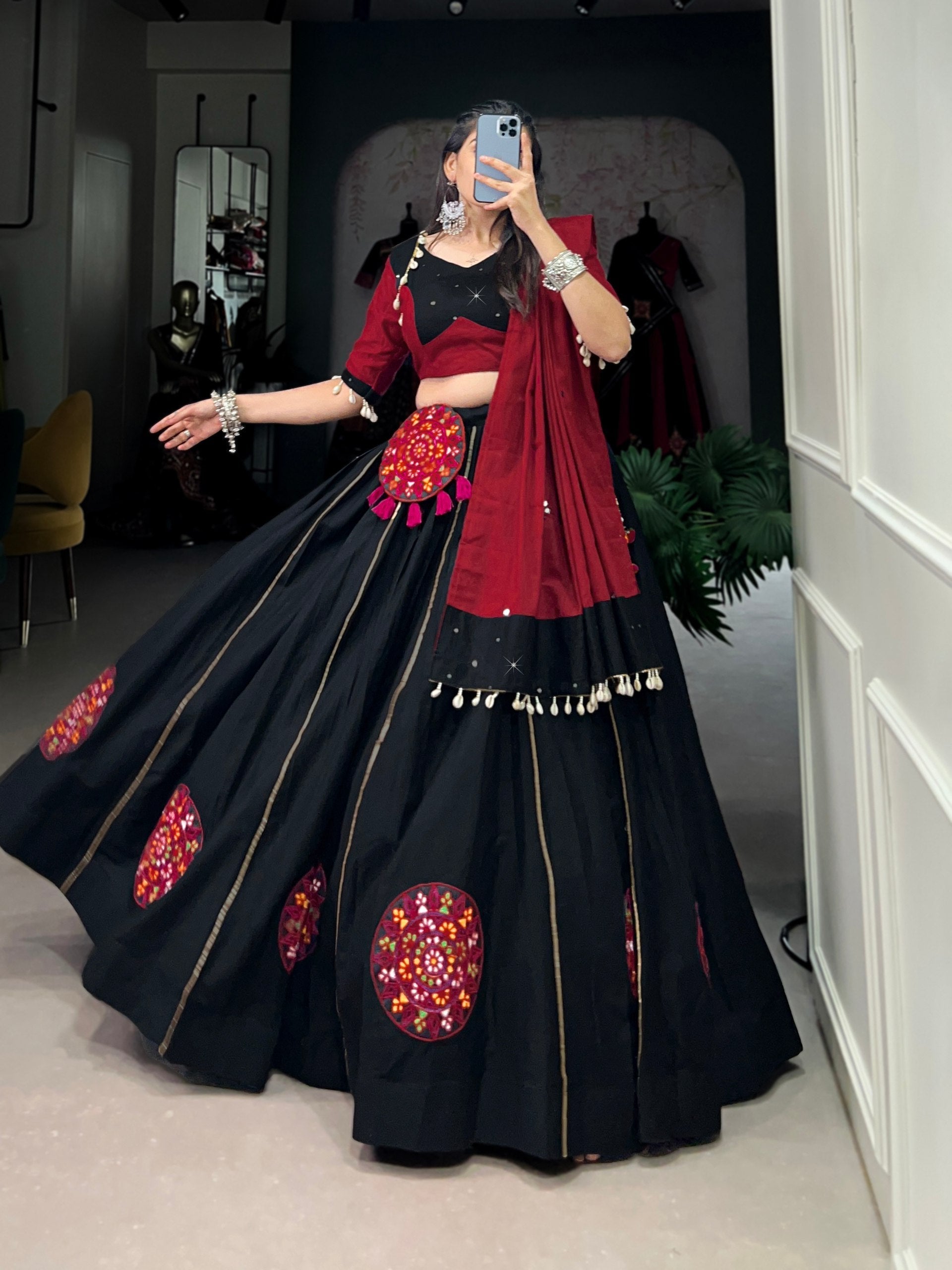 Graceful Black Pure Cotton Gamthi Worked Navratri Lehenga Choli - ETHNICDEAL