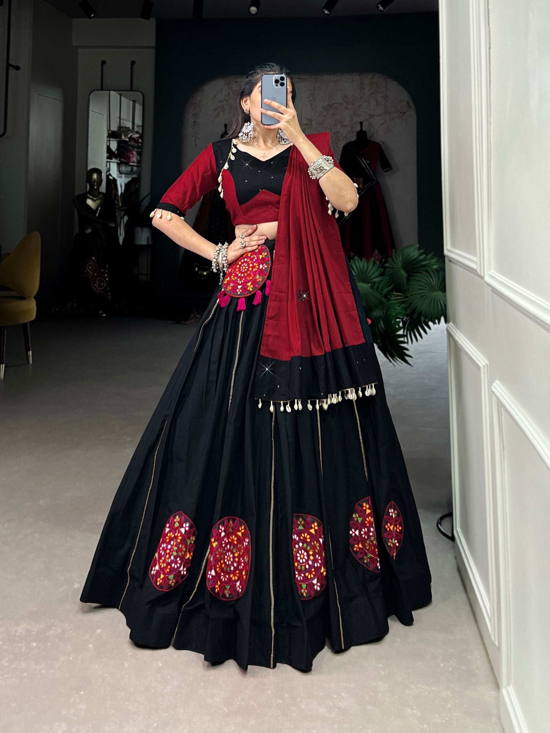 Graceful Black Pure Cotton Gamthi Worked Navratri Lehenga Choli - ETHNICDEAL