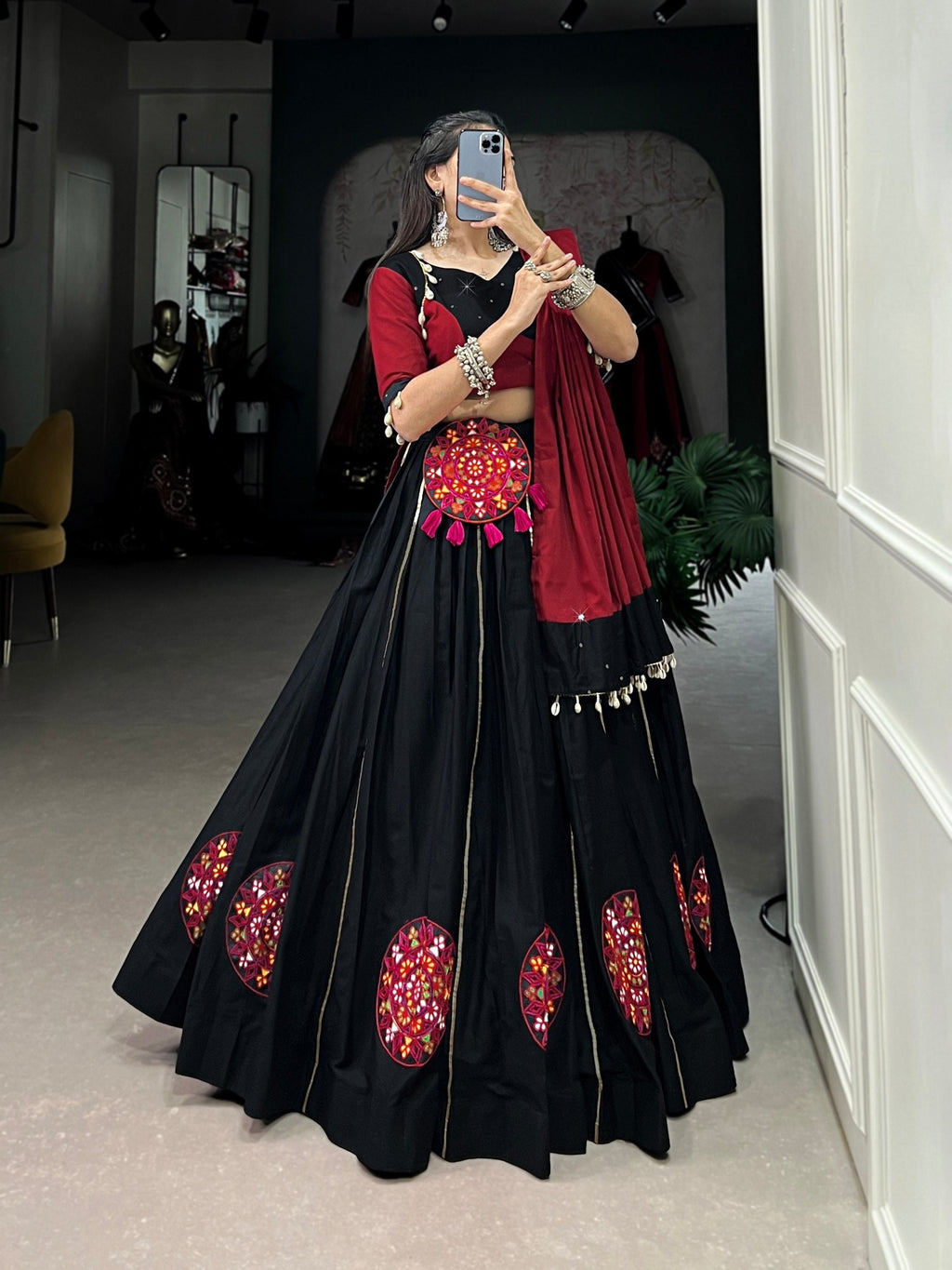 Graceful Black Pure Cotton Gamthi Worked Navratri Lehenga Choli - ETHNICDEAL