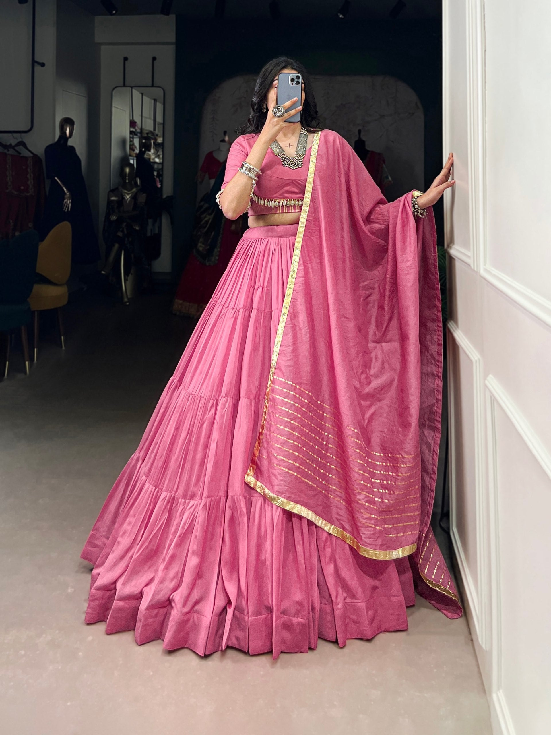 Light Pink Pure Chanderi Navratri Wear Lehenga Choli - ETHNICDEAL