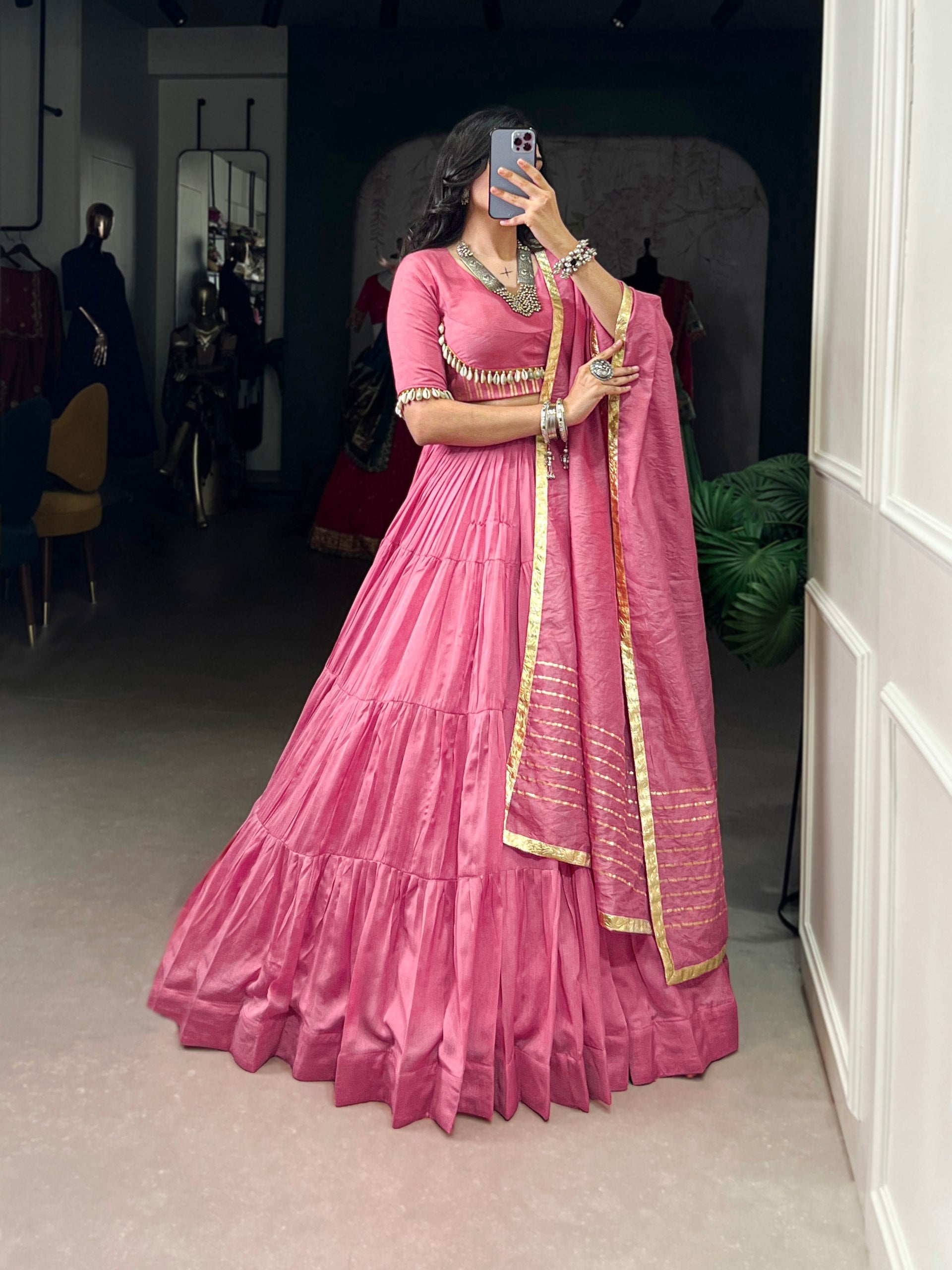 Light Pink Pure Chanderi Navratri Wear Lehenga Choli - ETHNICDEAL