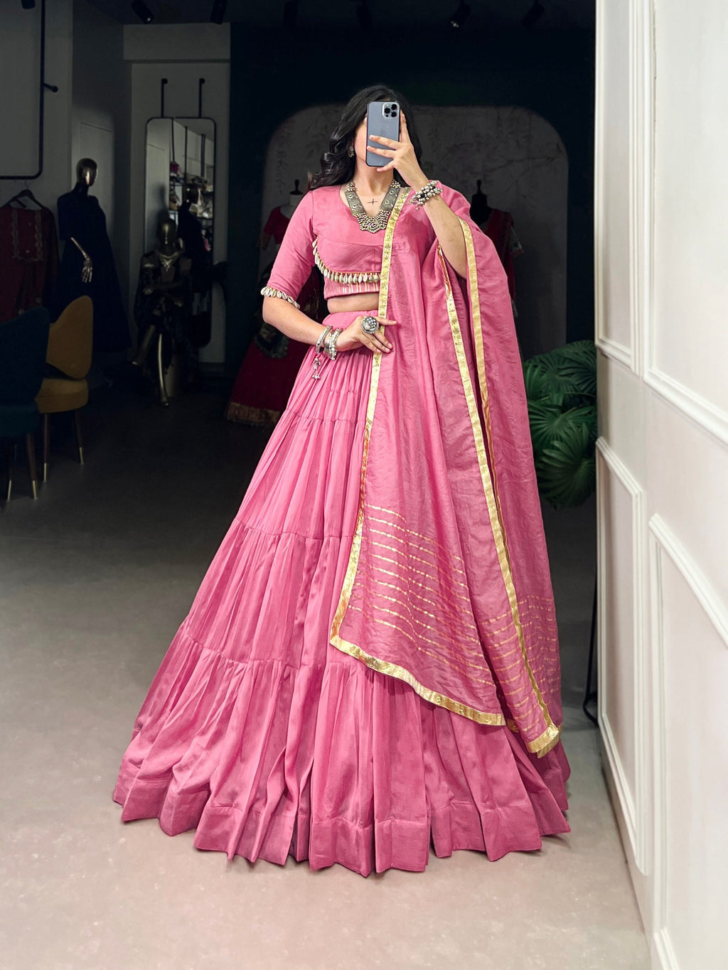 Light Pink Pure Chanderi Navratri Wear Lehenga Choli - ETHNICDEAL
