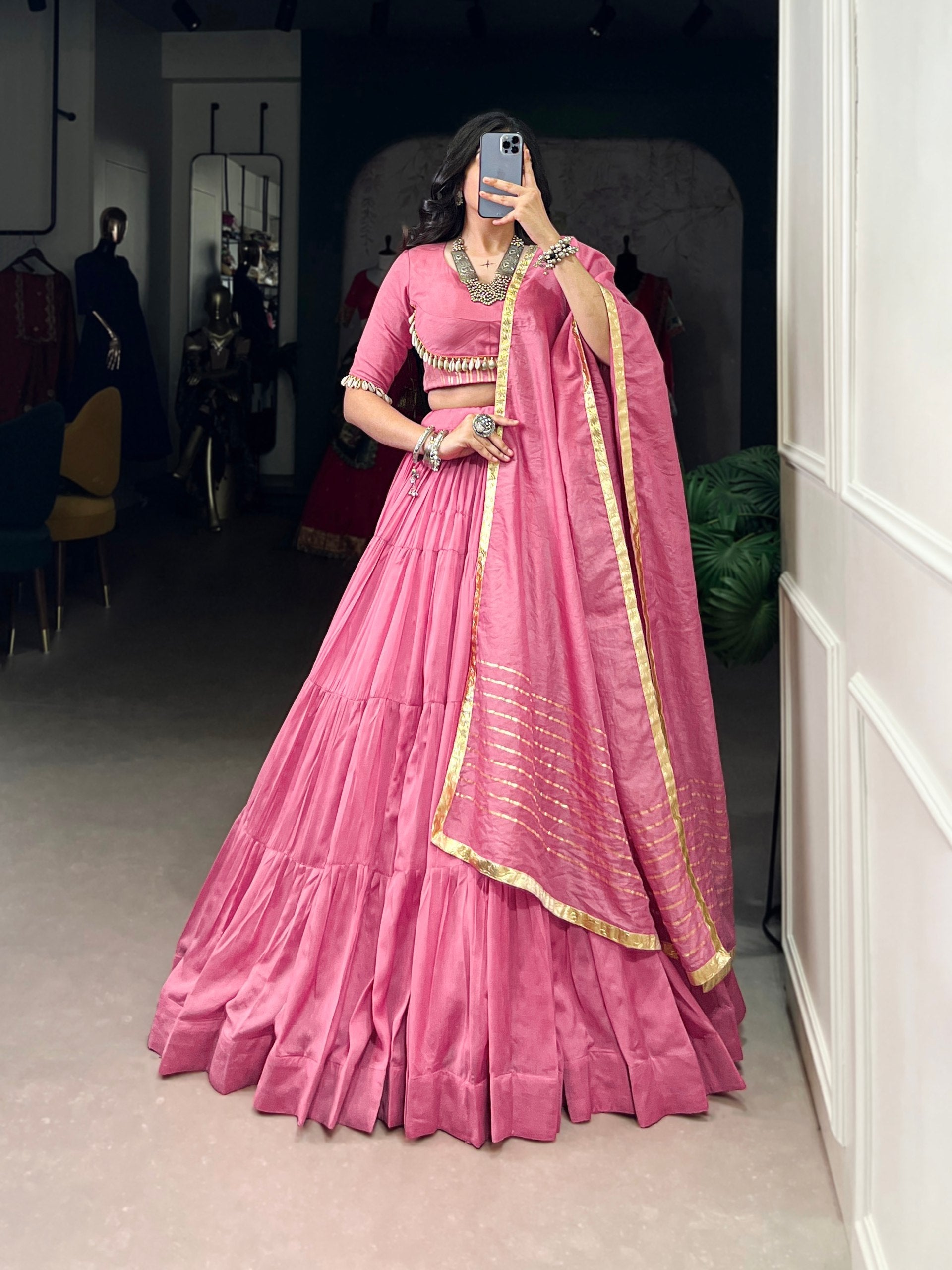Light Pink Pure Chanderi Navratri Wear Lehenga Choli - ETHNICDEAL