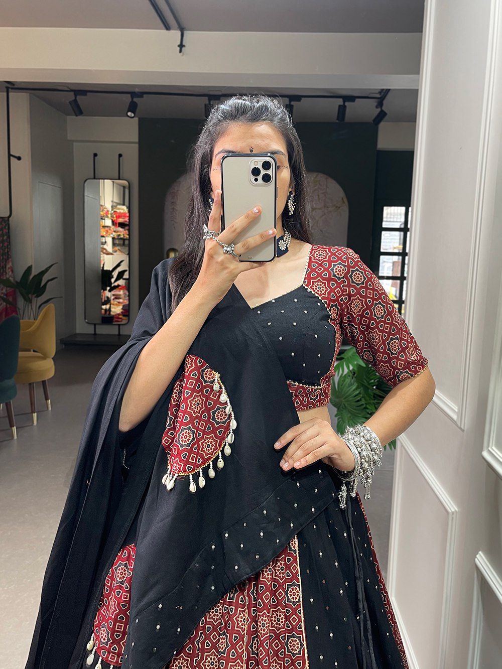 Maroon Pure Cotton Printed Mirror Worked Lehenga Choli - ETHNICDEAL