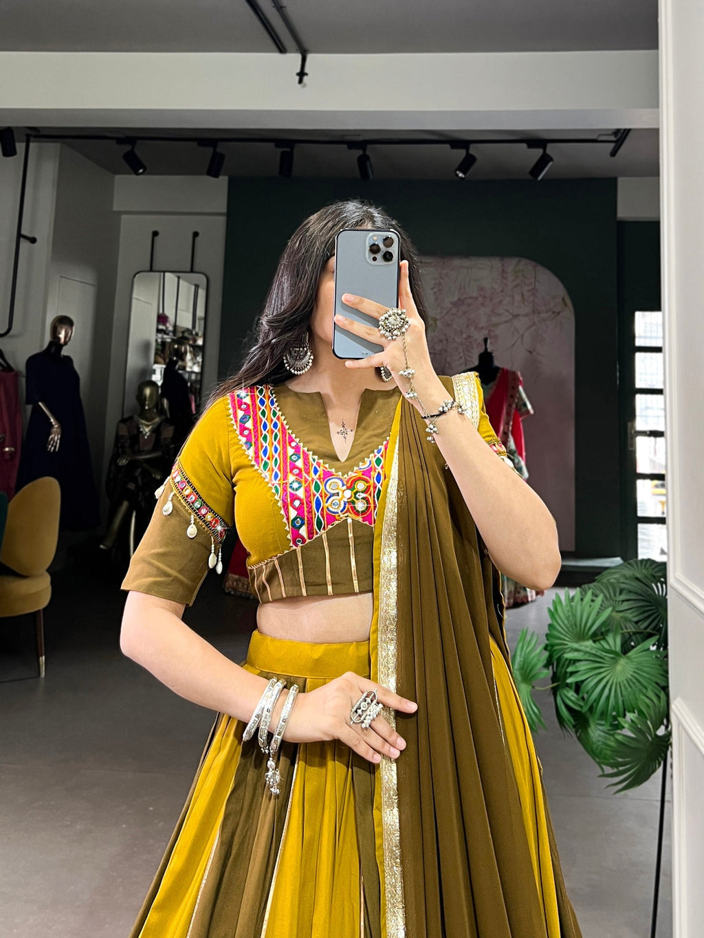 Mehendi Green Pure Rayon Navratri Wear Lehenga Choli - ETHNICDEAL