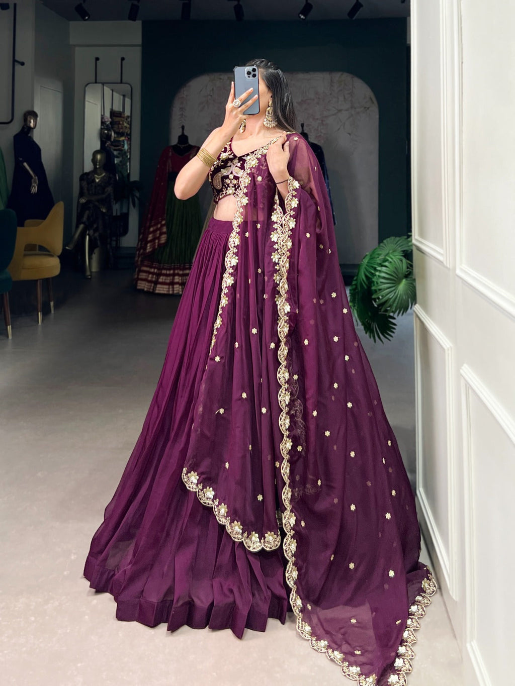 Mesmerizing Wine Organza Sequins Thread Worked Lehenga Choli - ETHNICDEAL