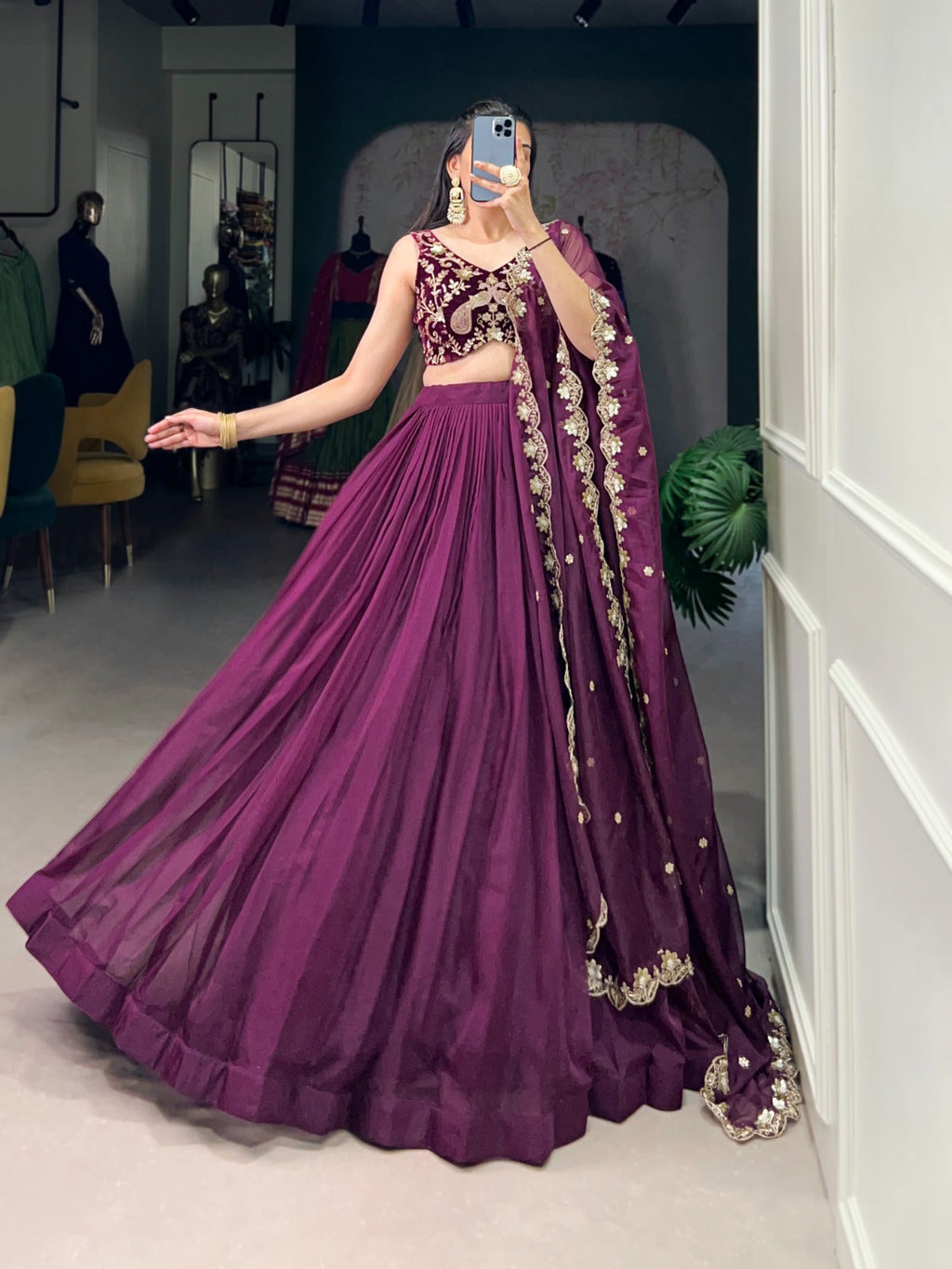Mesmerizing Wine Organza Sequins Thread Worked Lehenga Choli - ETHNICDEAL