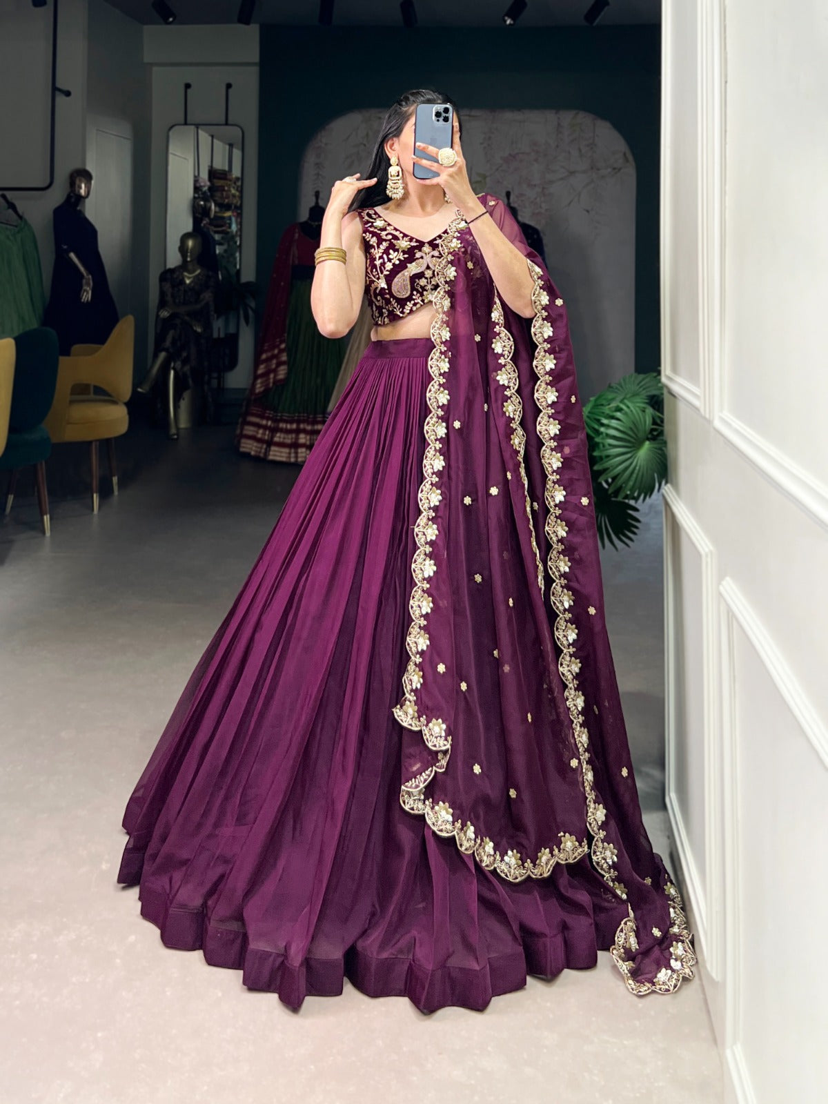 Mesmerizing Wine Organza Sequins Thread Worked Lehenga Choli - ETHNICDEAL