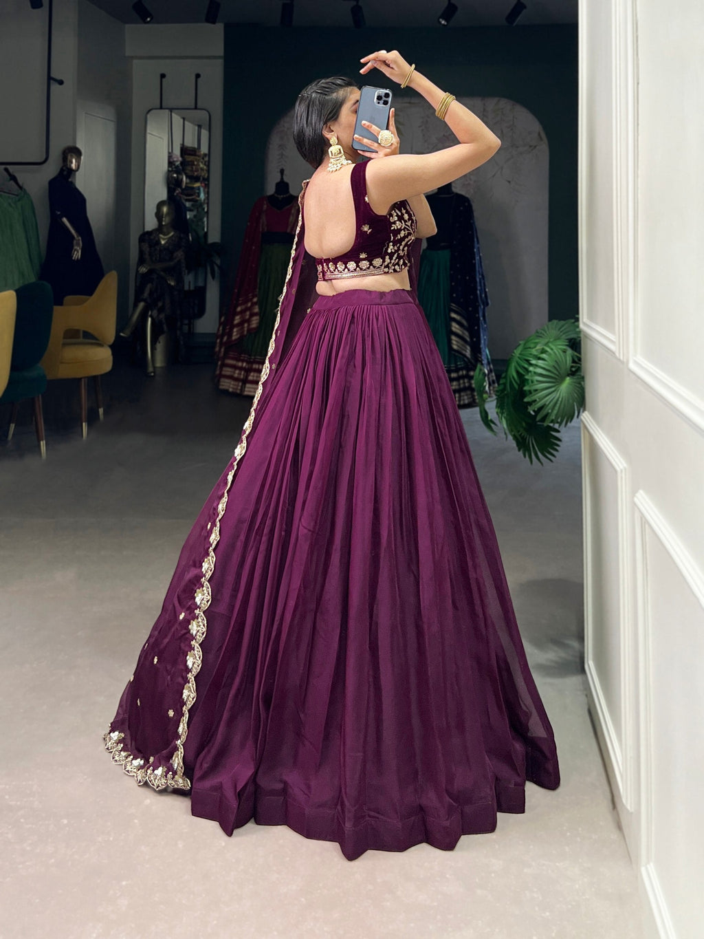Mesmerizing Wine Organza Sequins Thread Worked Lehenga Choli - ETHNICDEAL