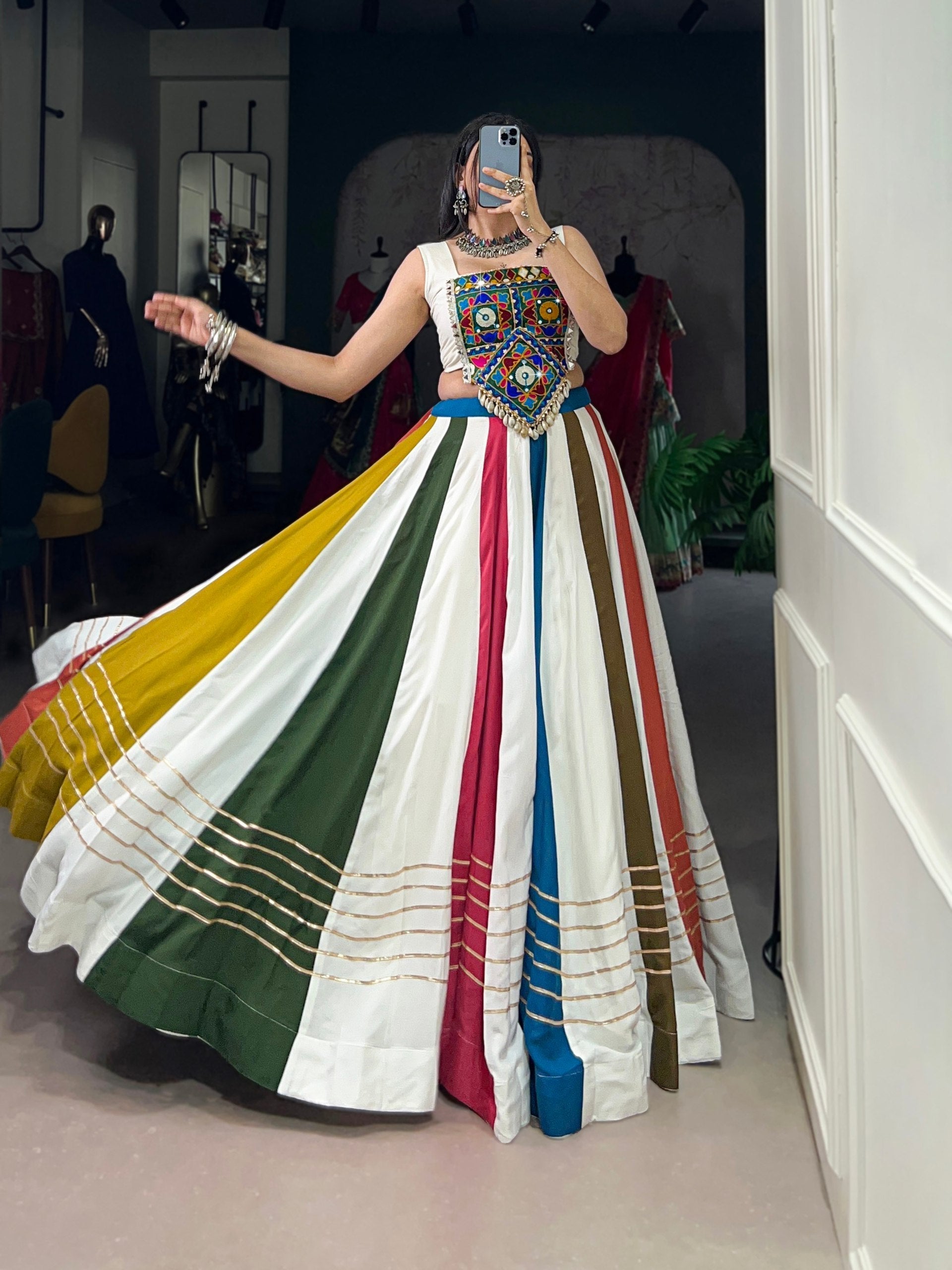 Multicolored Stripe Pure Rayon Navratri Wear Lehenga Choli - ETHNICDEAL