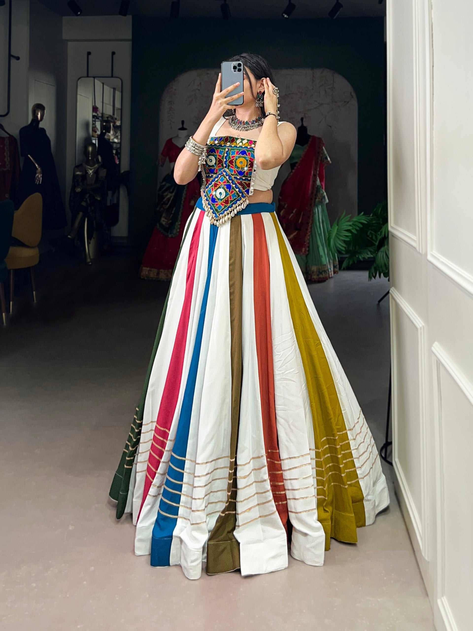 Multicolored Stripe Pure Rayon Navratri Wear Lehenga Choli - ETHNICDEAL