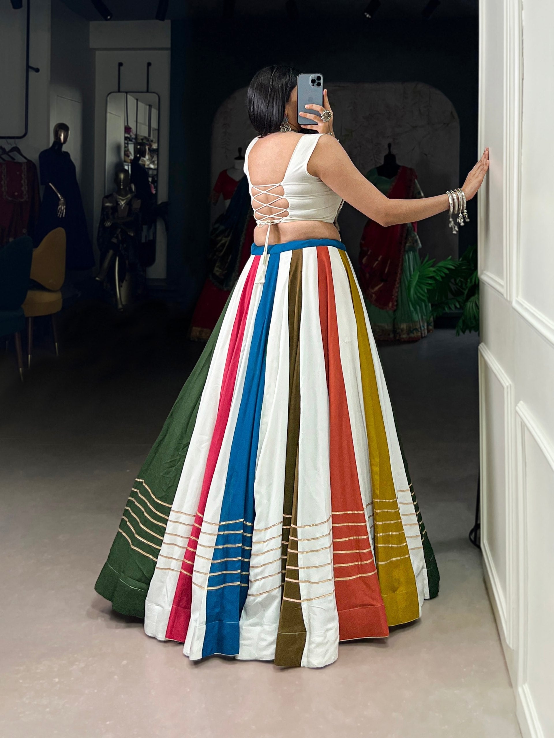 Multicolored Stripe Pure Rayon Navratri Wear Lehenga Choli - ETHNICDEAL