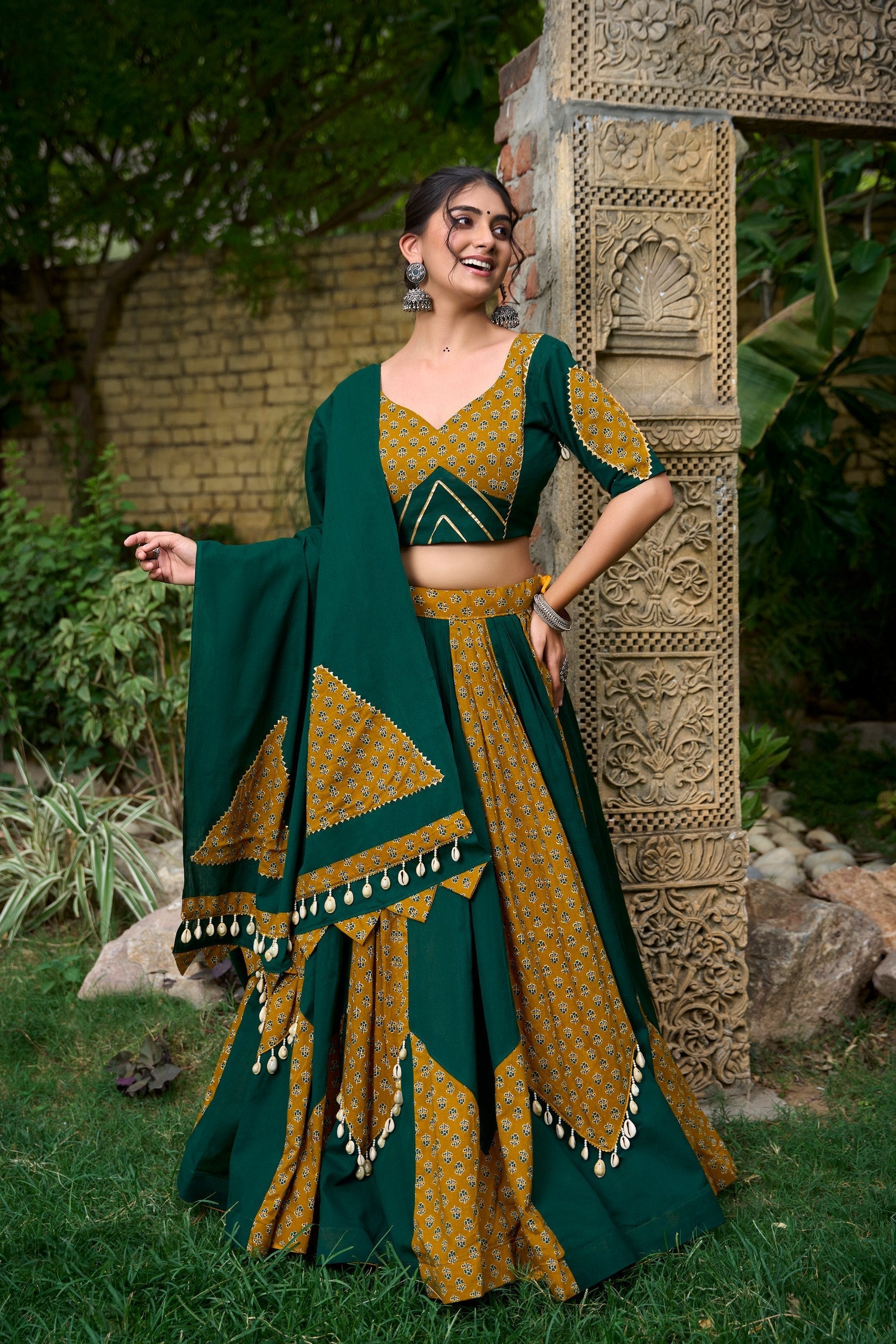 Mustard & Green Pure Cotton Fully Stitched Navratri Lehenga Choli - ETHNICDEAL