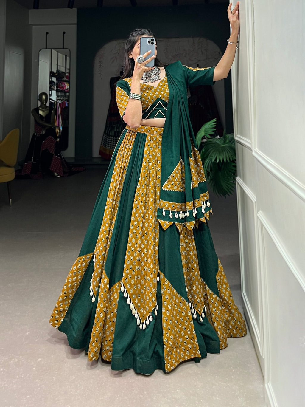 Mustard & Green Pure Cotton Fully Stitched Navratri Lehenga Choli - ETHNICDEAL