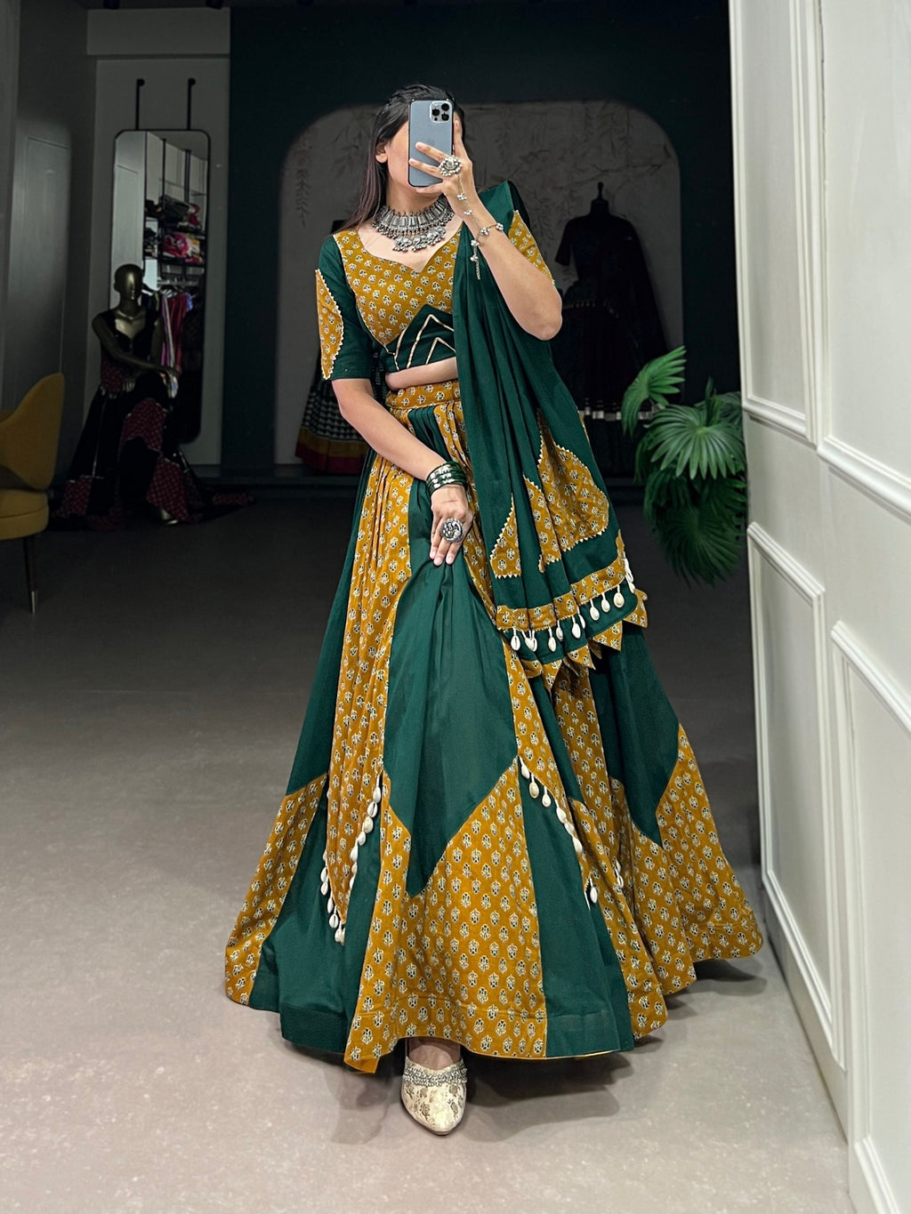 Mustard & Green Pure Cotton Fully Stitched Navratri Lehenga Choli - ETHNICDEAL