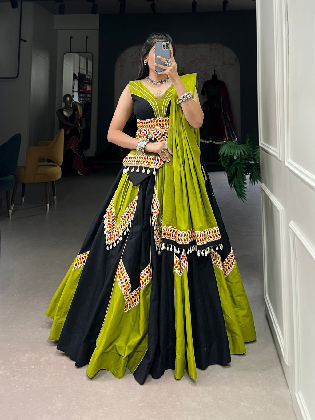 Parrot Green Gamthi Cowrie Worked Navratri Wear Lehenga Choli - ETHNICDEAL