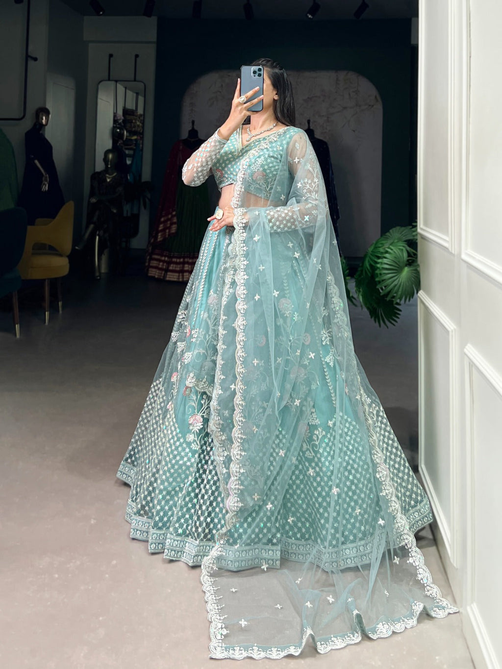 Pastel Blue Net Sequins Thread Worked Lehenga Choli - ETHNICDEAL