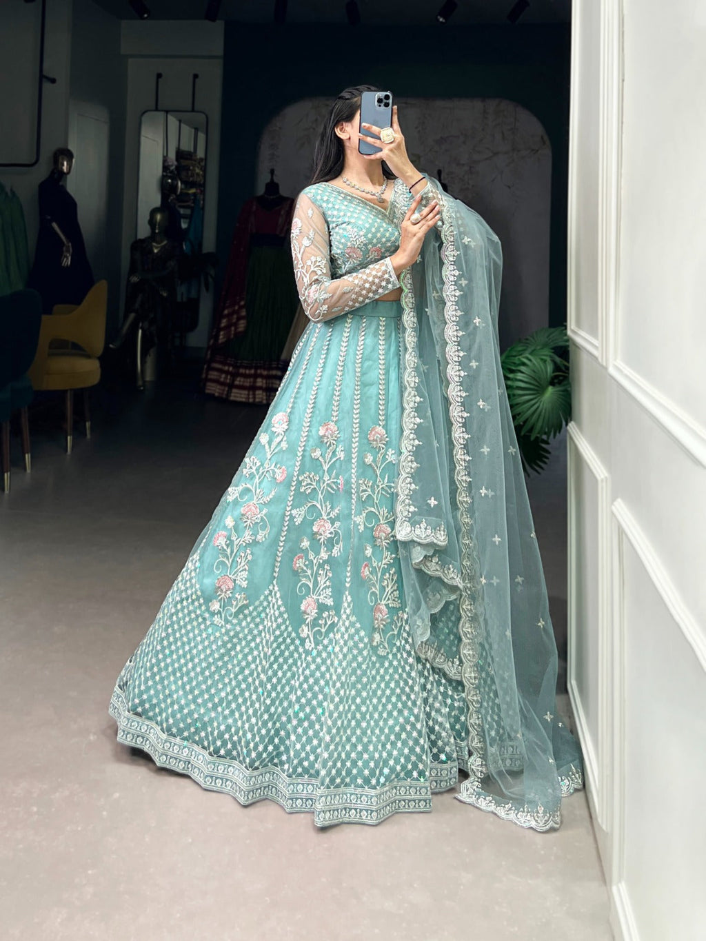 Pastel Blue Net Sequins Thread Worked Lehenga Choli - ETHNICDEAL