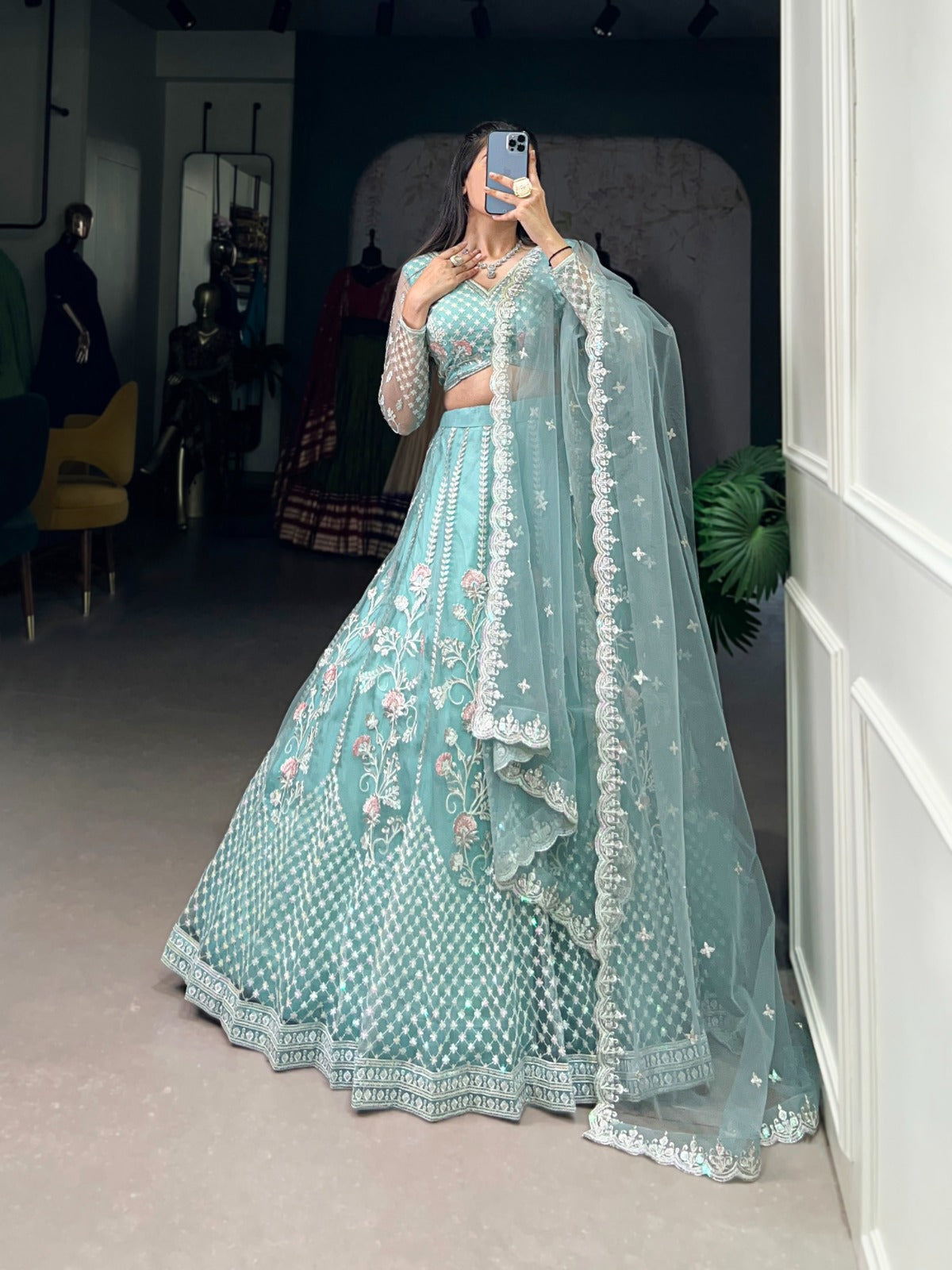 Pastel Blue Net Sequins Thread Worked Lehenga Choli - ETHNICDEAL