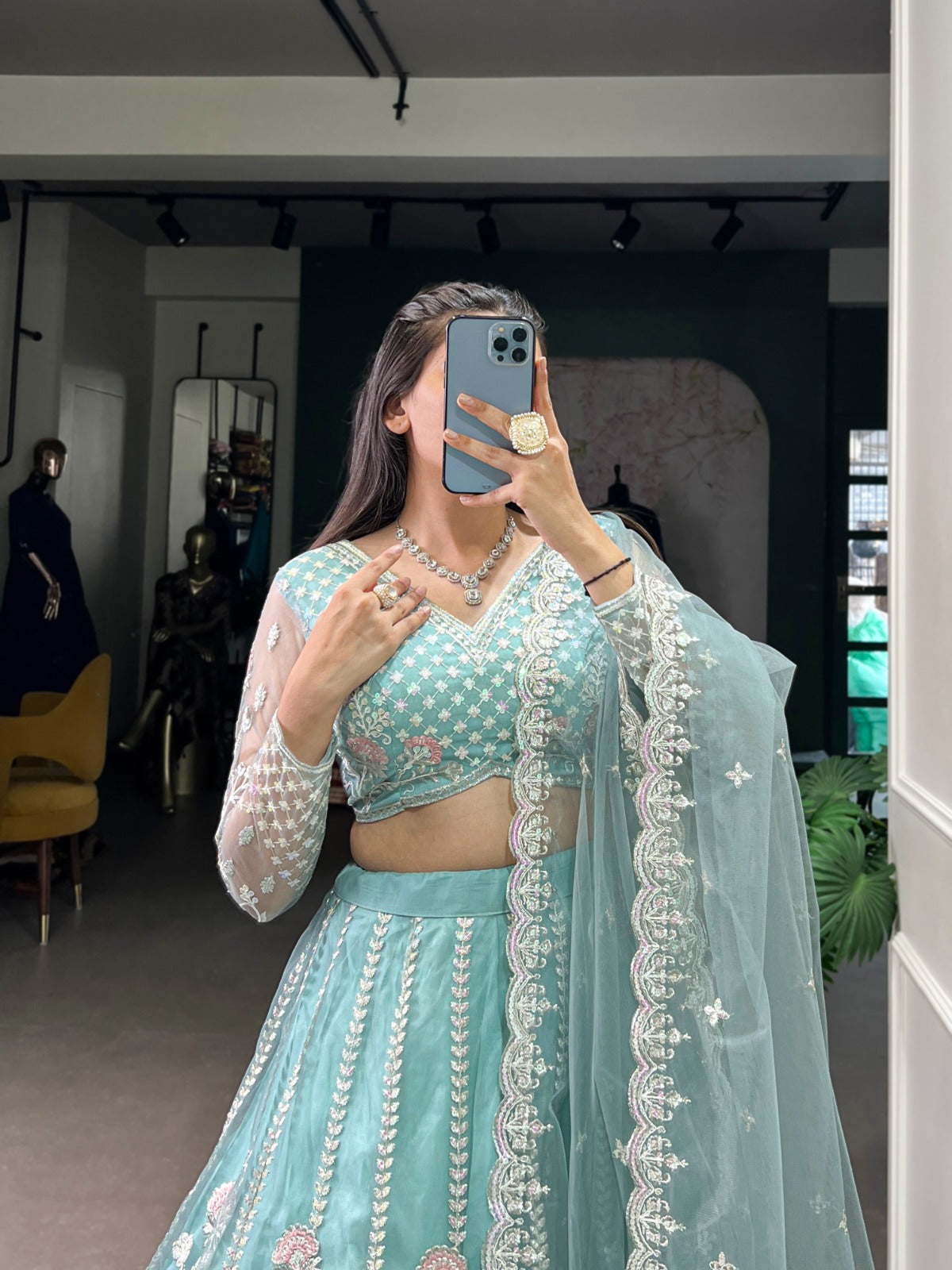 Pastel Blue Net Sequins Thread Worked Lehenga Choli - ETHNICDEAL